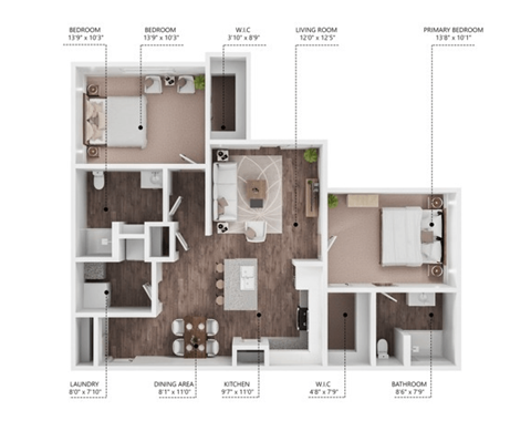 Floor plan for 2 beds, 2 baths, 1133 sqft